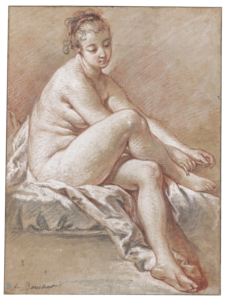 STUDY OF A SEATED YOUNG FEMALE NUDE EXTENDING HER HANDS TO HER RIGHT FOOT by Francois Boucher