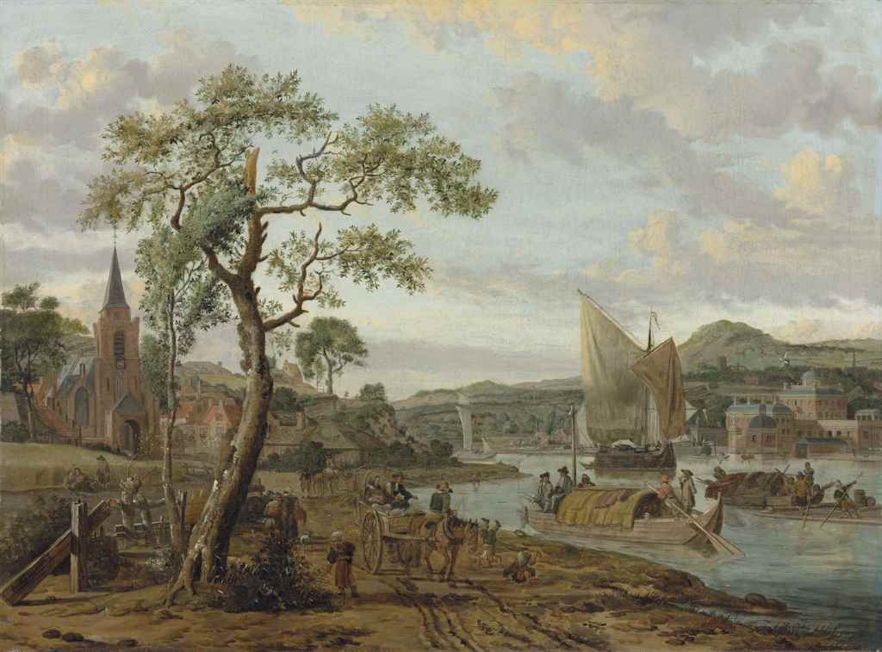 A village river landscape with boats on the water by Abraham Storck