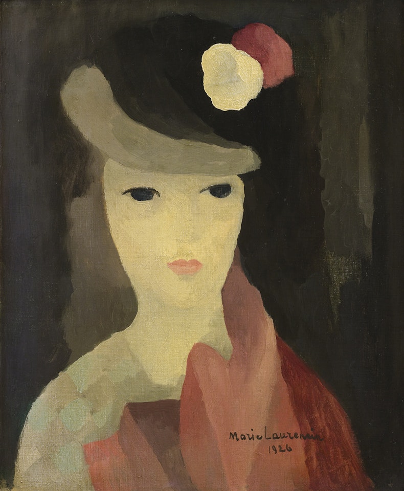 BÉRÉNICE OR BUSTE DE JEUNE FEMME AVEC UNE ROSE ROSE ET UNE ROSE BLANCHE SUR SON CHAPEAU by Marie Laurencin