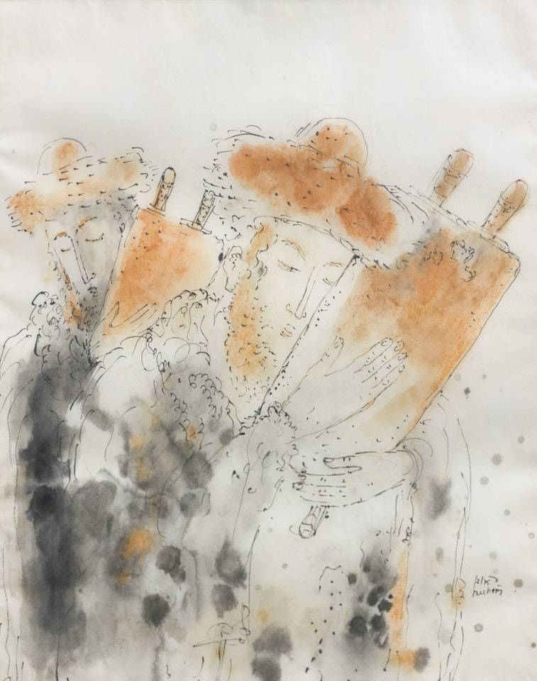 RABBIS WITH TORAH SCROLLS by Reuven Rubin