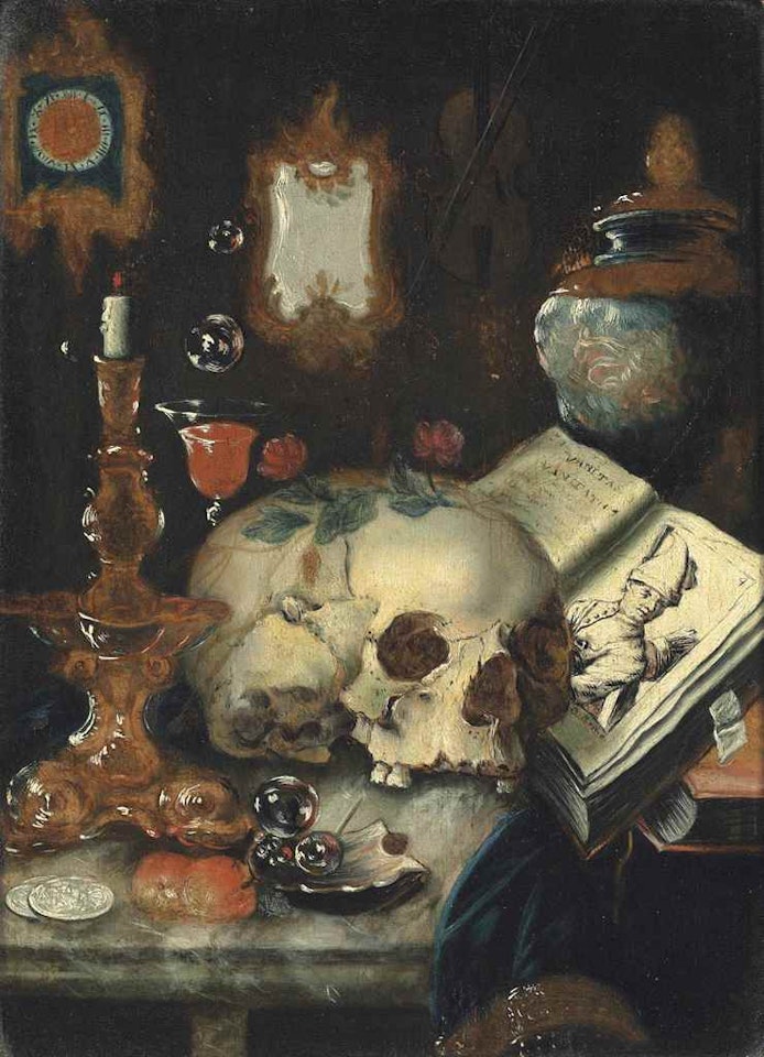 A skull, a lit candle, roses, an urn, a glass of wine, coins, fruit, bubbles, books and drapery on a marble ledge, with a clock, a mirror and a violin on the wall beyond by German School