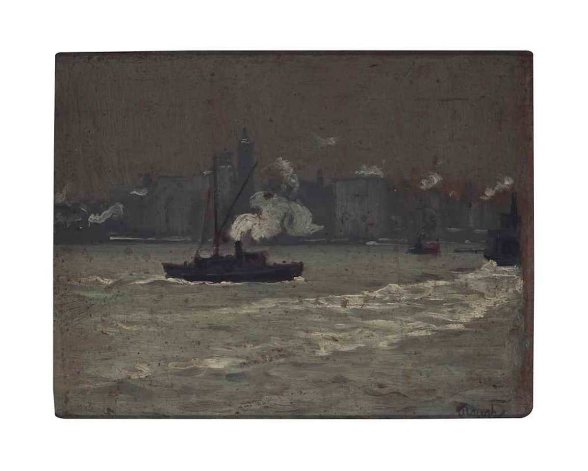 Boats in the harbor with city in the distance by Frederick Judd Waugh