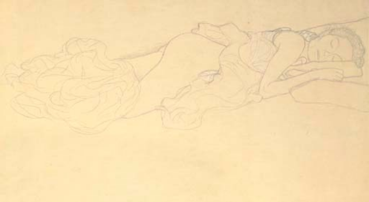 Auf dem Bauch liegender Halbakt nach rechts, den Kopf auf den Oberarm gelegt by Gustav Klimt