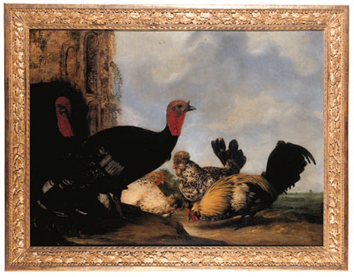 Turkeys and poultry in landscape by Melchior de Hondecoeter
