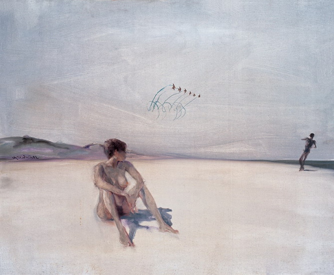 Girl Flying a Kite on the Sand by He Duoling