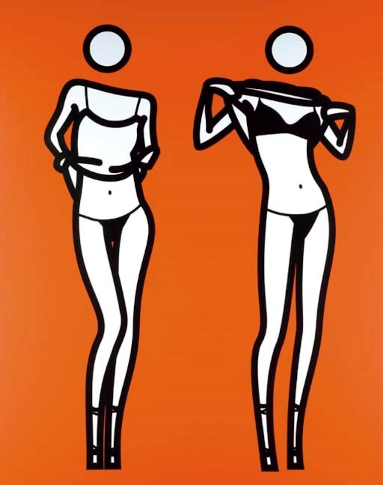 Woman taking off summer dress in two stages by Julian Opie