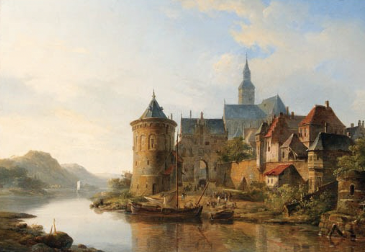 View of town along Rhine by Cornelis Springer