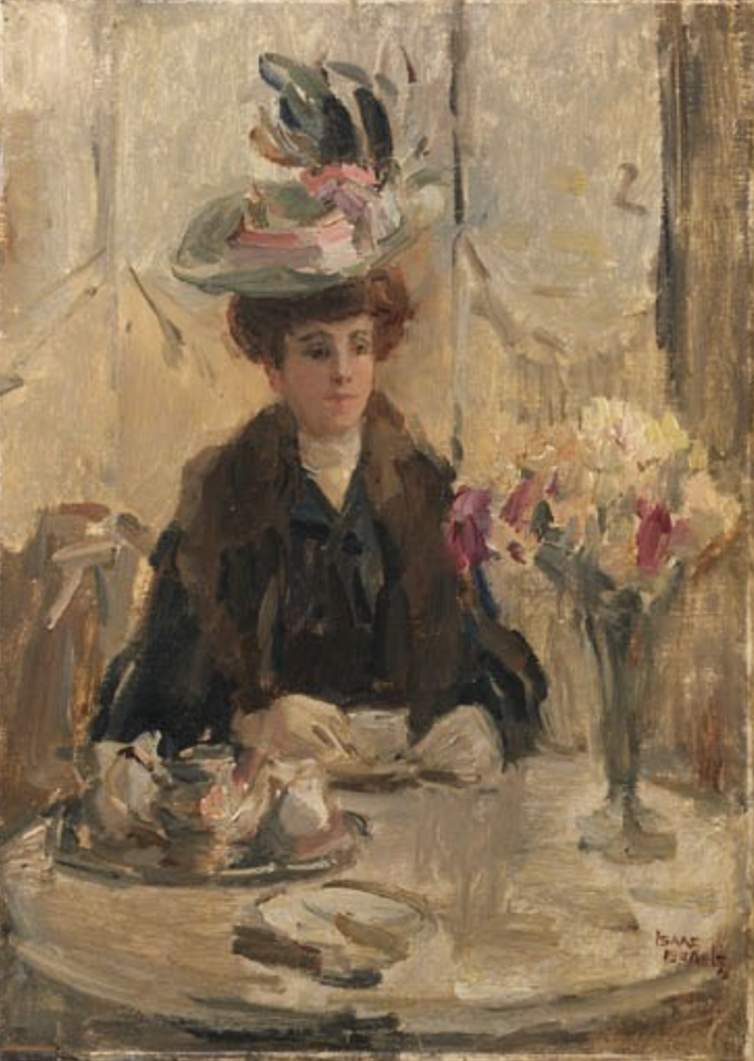 Het Dure Hoedje - elegant lady having cup of tea by Isaac Israels