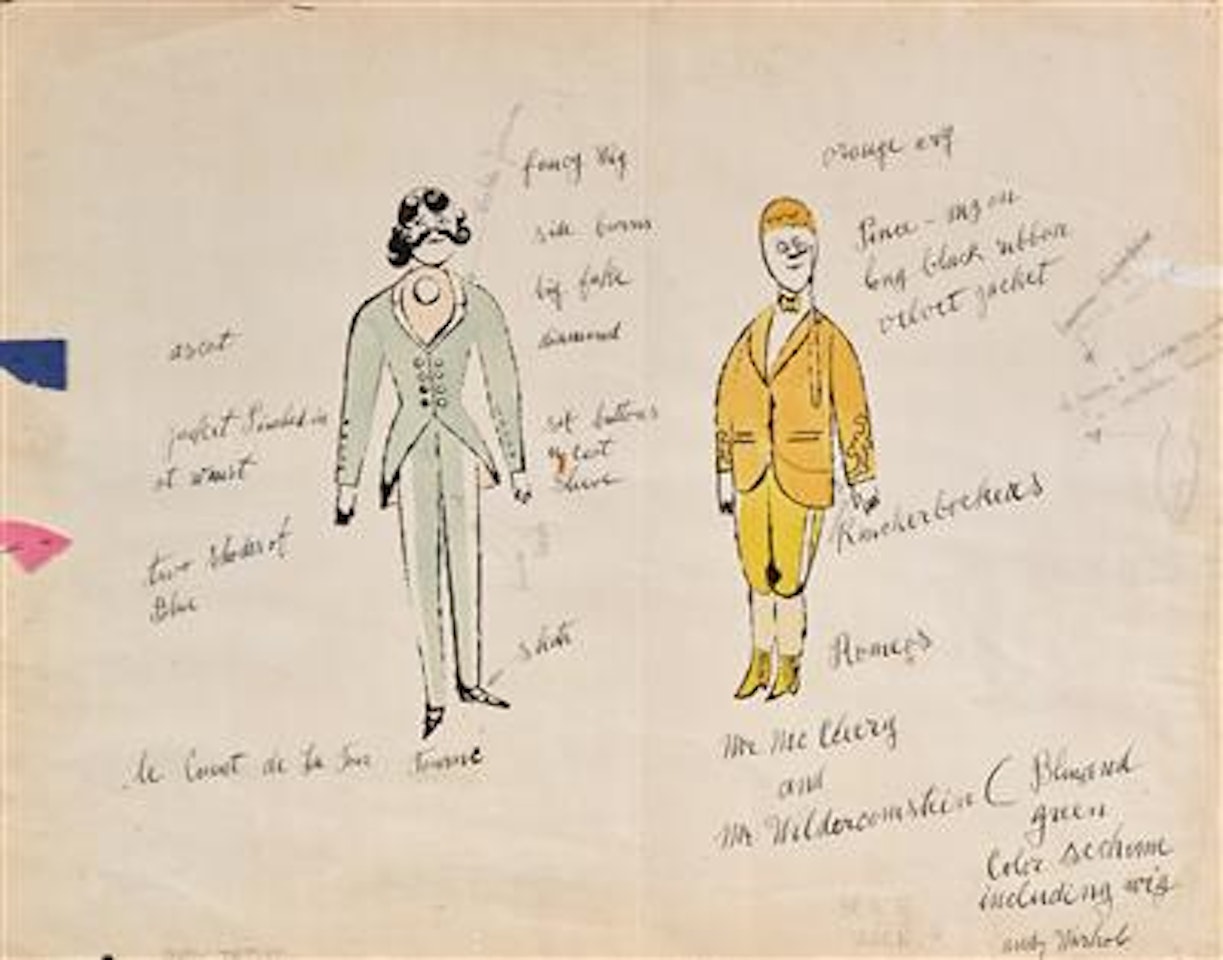Costume sketch for Introductions and Goodbyes, the opera by Gian Carlo Menotti; Le count de la tour Tourne and Mr. McCleery and Mrs. Wildercomstein by Andy Warhol