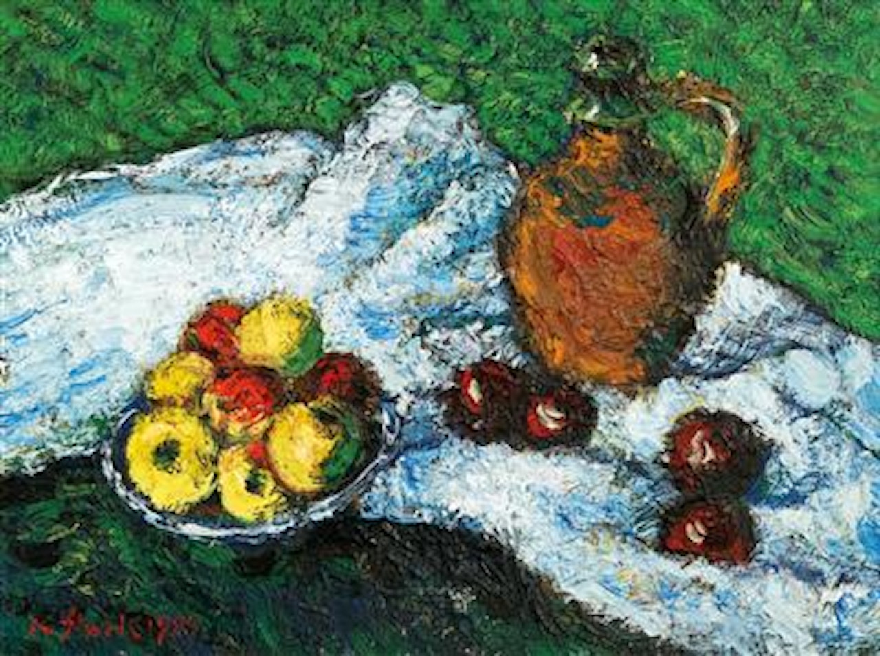 Stilleben mit Früchten, Tonkrug auf weißem Tuch / Still life with fruit, earthenware jug on white fabric by Karl Stark