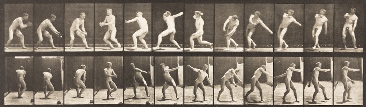 A selection of 4 plates from Animal Locomotion, comprising two male studies and two female studies of figures in motion by Eadweard Muybridge