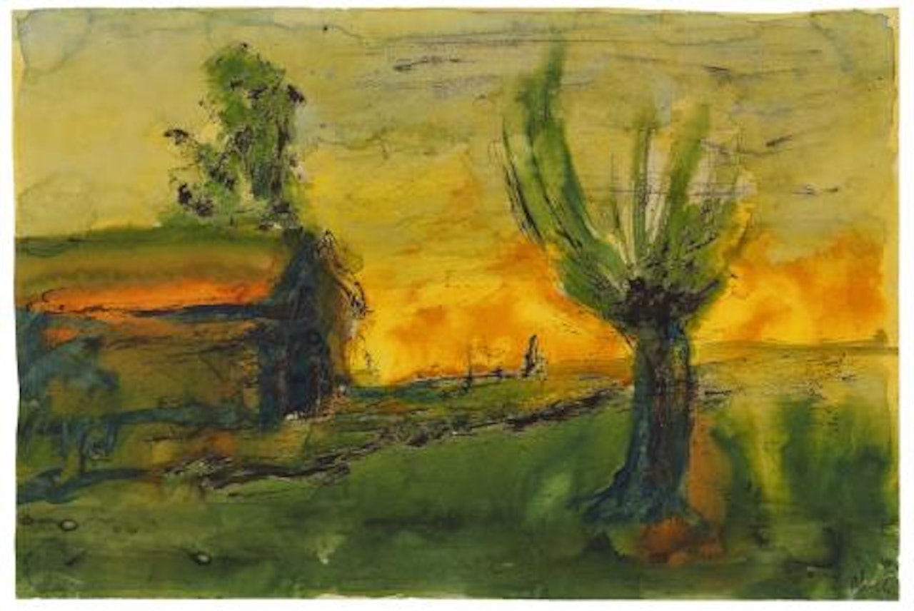 Evening marsh landscape with homestead (small hut and scrubby pasture, probably near the coast) by Emil Nolde