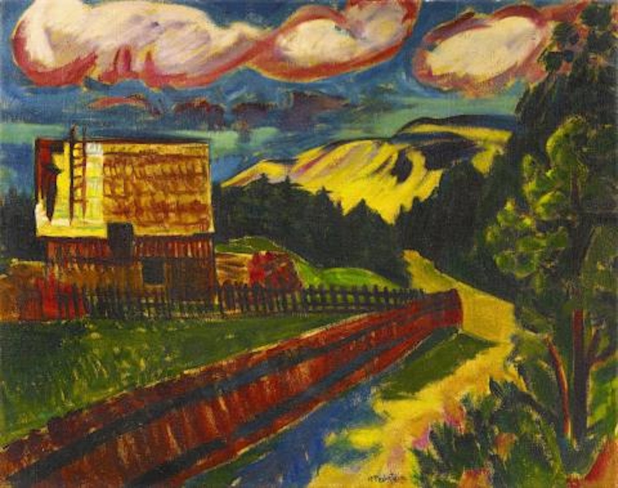 Dorfende und Wanderdüne in Nidden. Verso: Frank im Lupinenfeld mit Schmetterlingen by Max Pechstein
