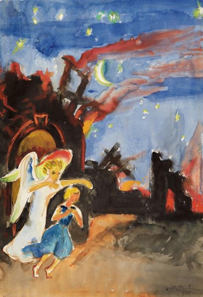 Käthchen und Cherub auf der Flucht aus brennendem Schloß. Verso: Schlossgraben by Max Pechstein