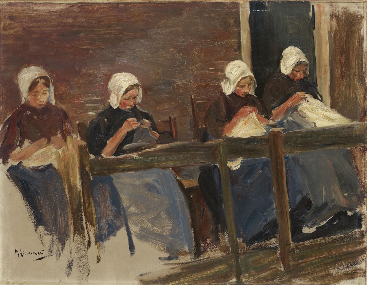 Nähende Mädchen in Huyzen - Studie mit vier Figuren (Holländische Näherinnen) by Max Liebermann