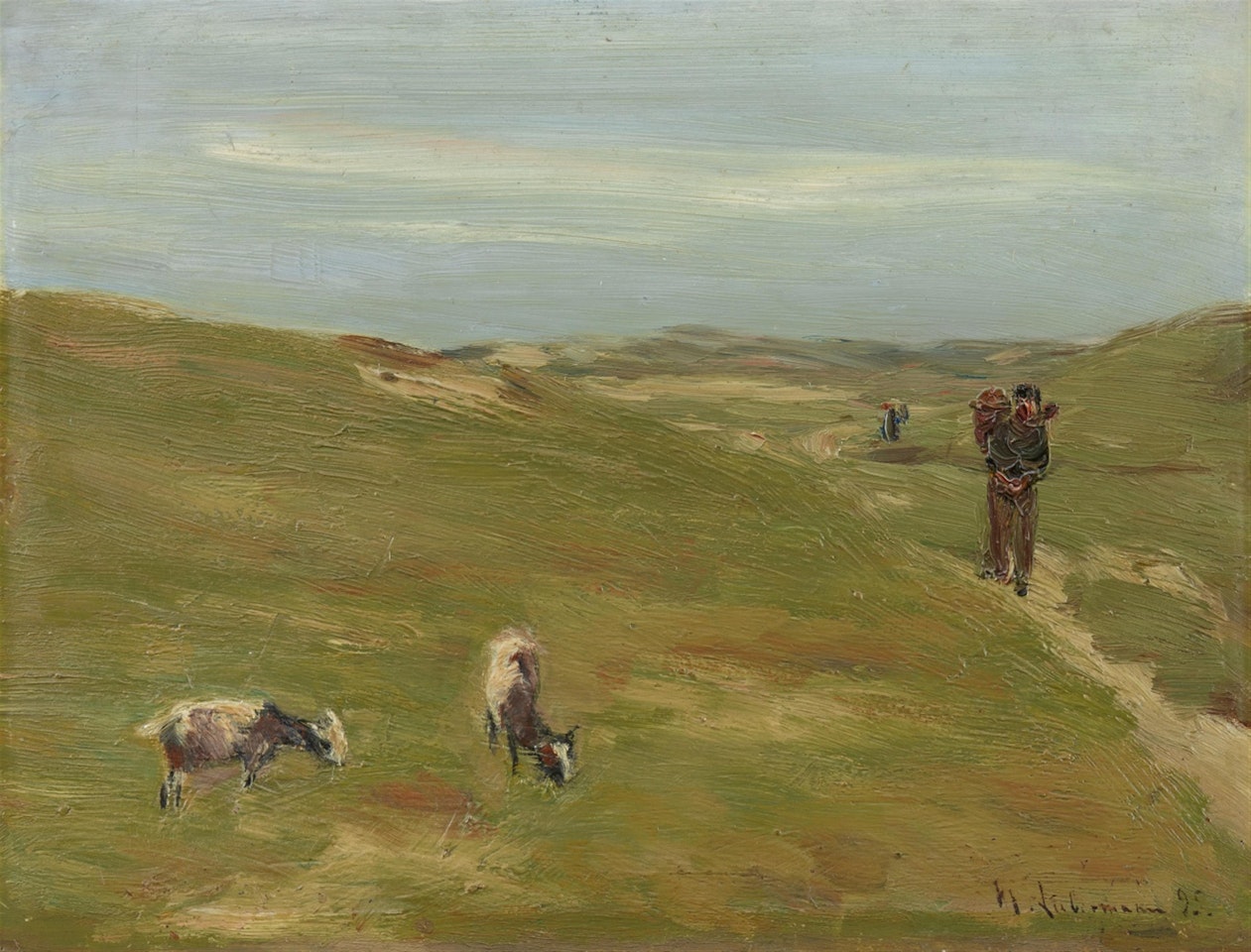 Dünen mit Bauer und grasenden Ziegen by Max Liebermann