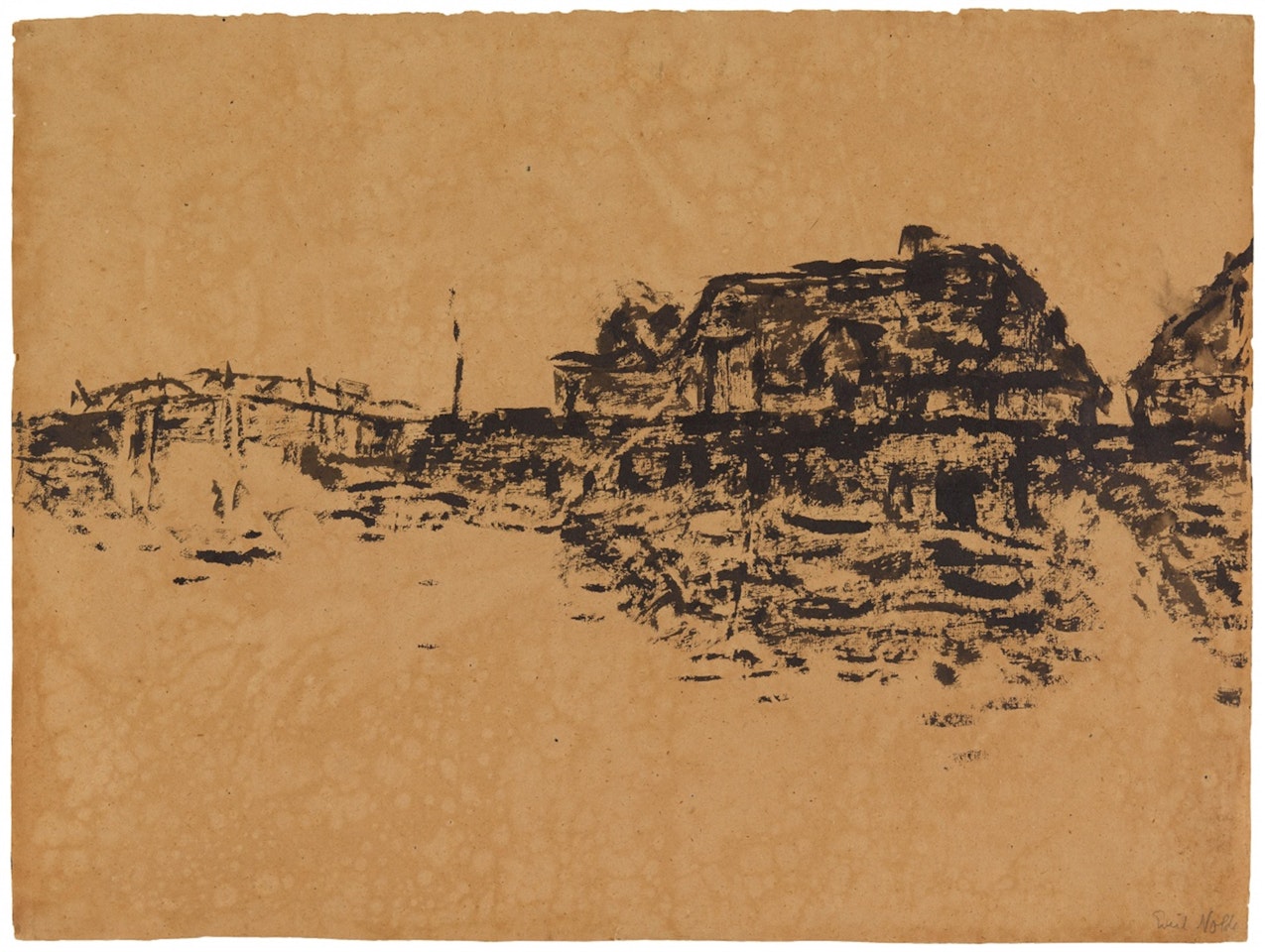 Bauernhäuser am See und Brücke (Ruttebüll) by Emil Nolde
