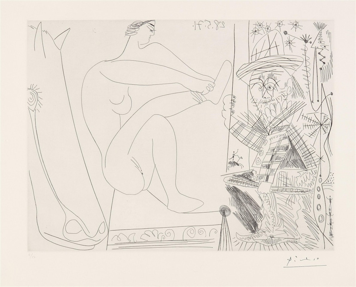 Au Cirque. Écuyère se chaussant dans les coulisses et clown au trapèze by Pablo Picasso