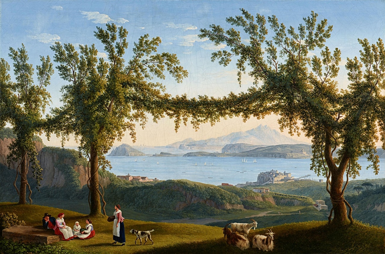 Country Folk Resting Beneath the Vines in the Hills above Solfatara, with a View of Ischia, Procida and the Bay of Pozzuoli by Jacob Philipp Hackert