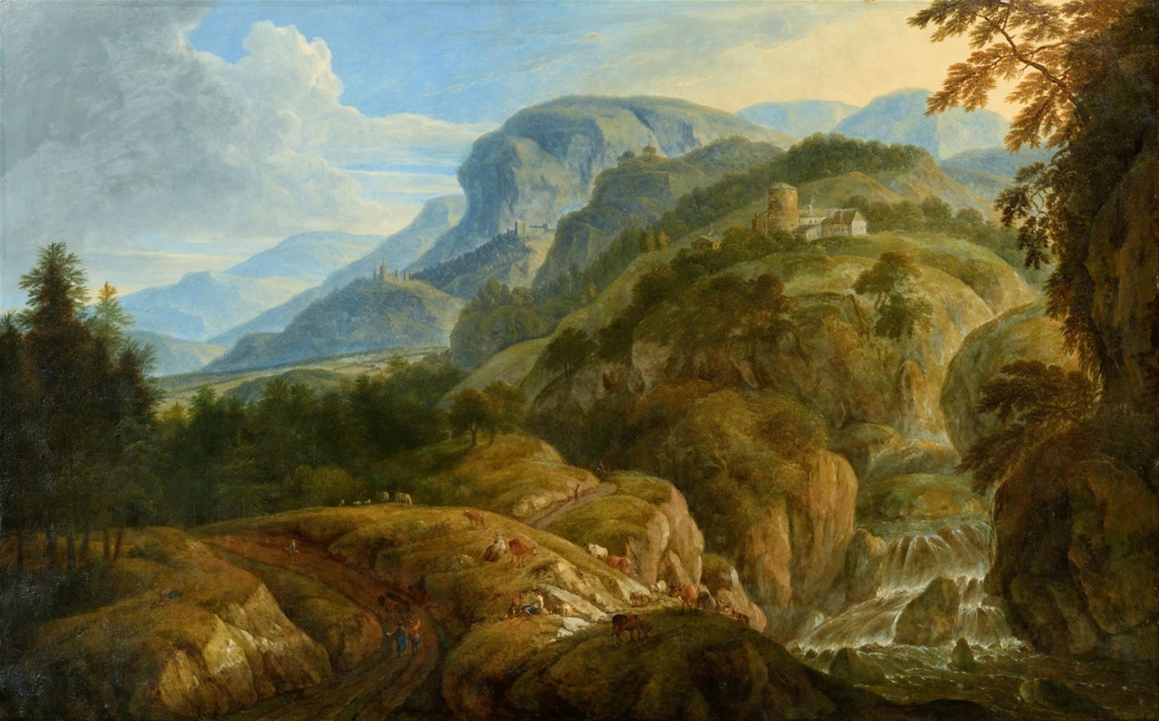 Mountain Panorama with Figures and Architecture by German School