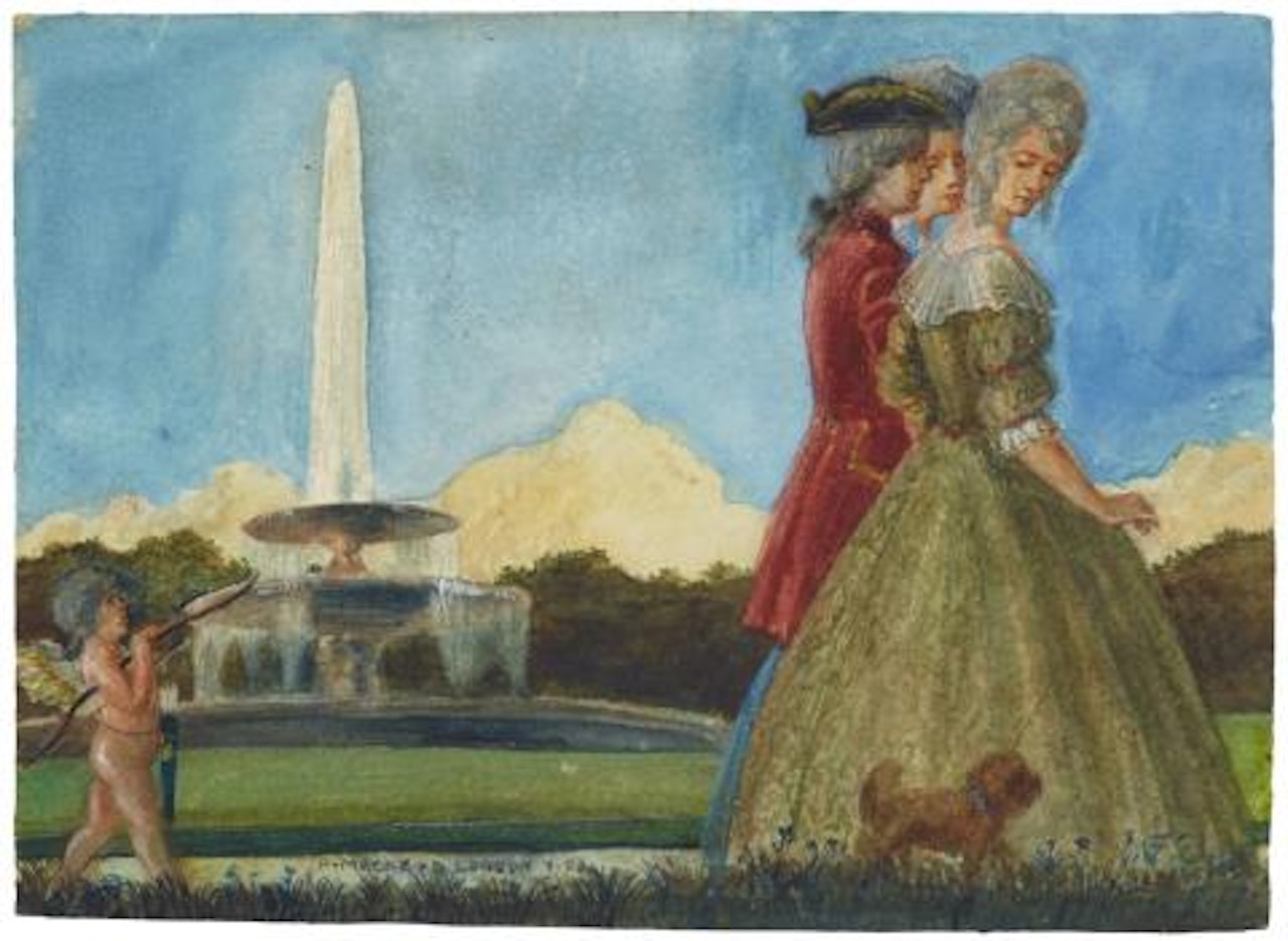 A gentleman with two ladies and a dog in the park, followed by Cupid by August Macke