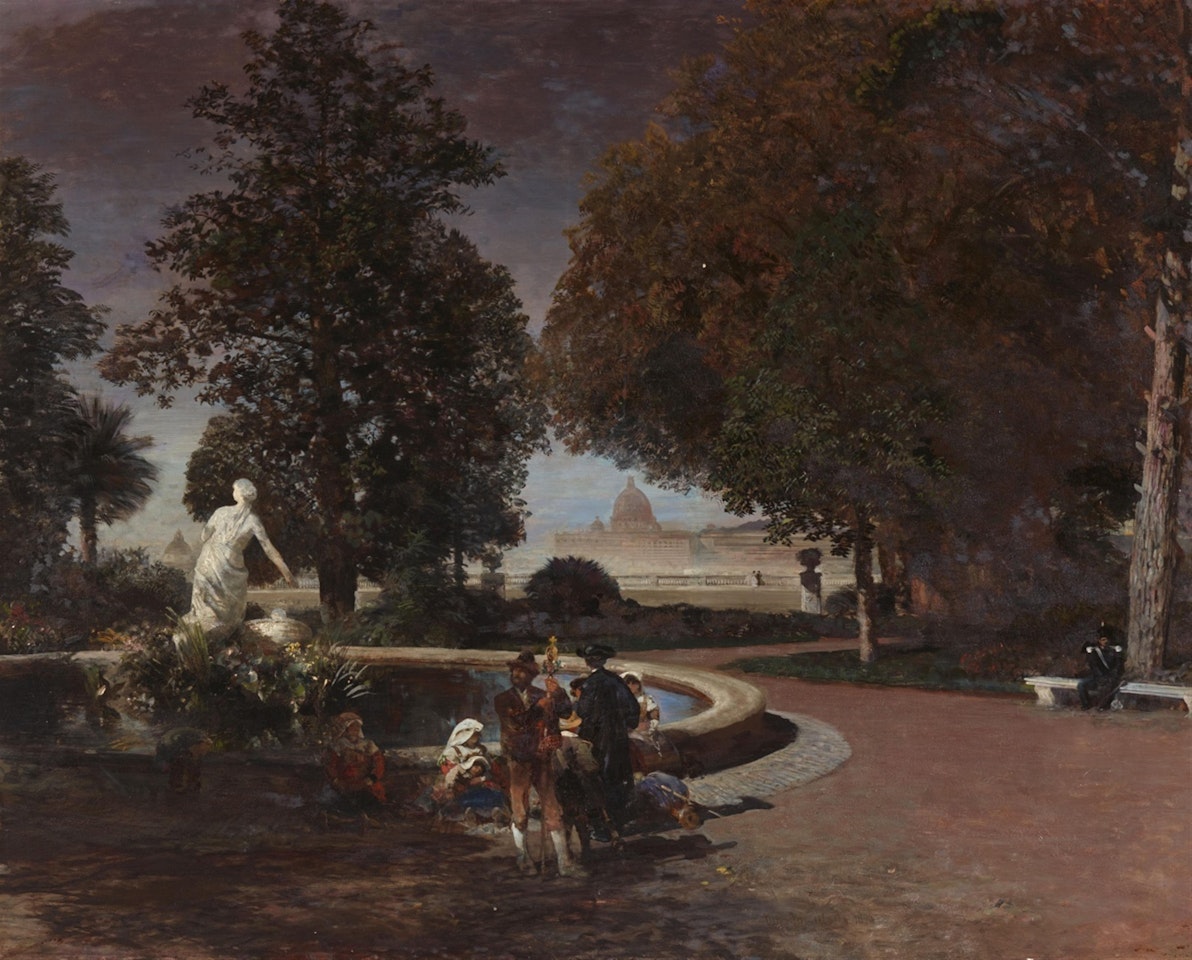 Evening Mood in the Park of the Villa Borghese with a View of Saint Peter"s by Oswald Achenbach