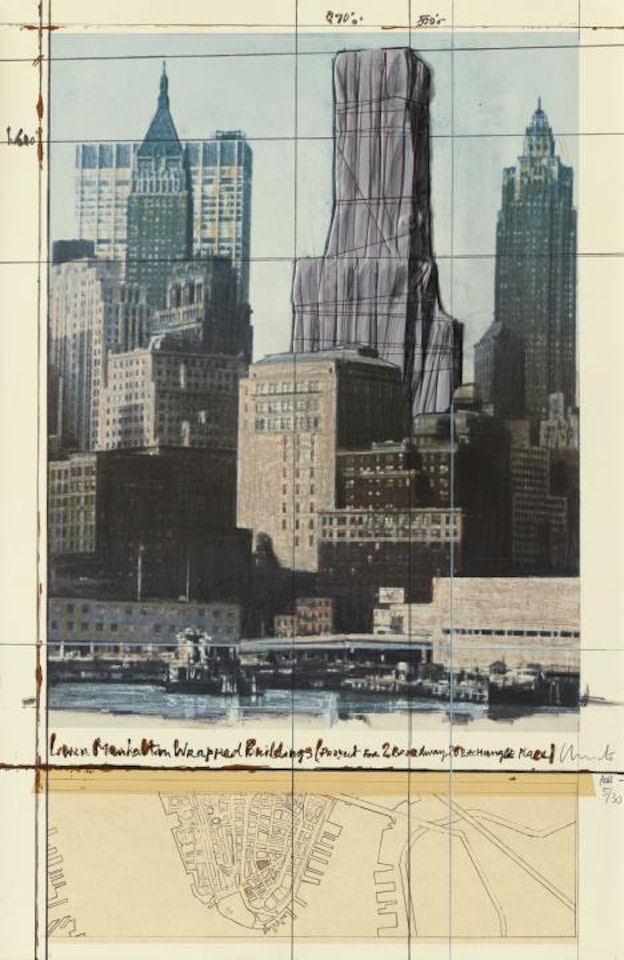 Lower Manhattan Wrapped Buildings, Project for 2 Broadway, 20 Exchange Place by Christo