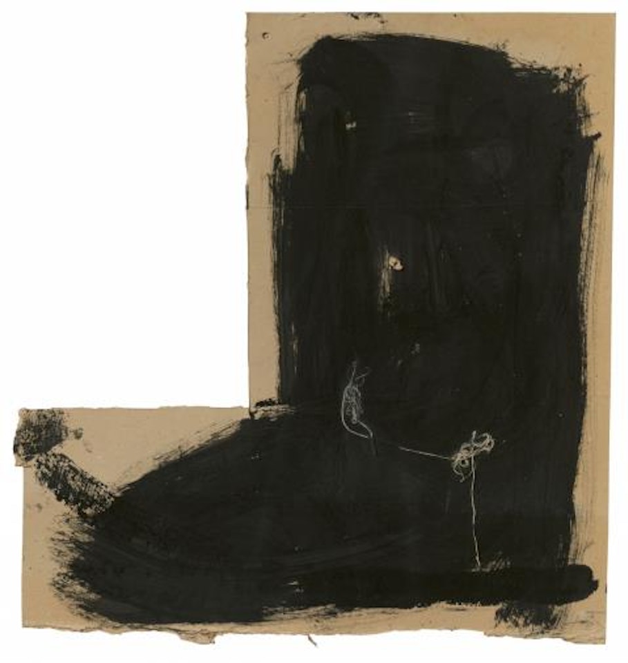 Black and Threads on Piece of Cardboard by Antoni Tapies