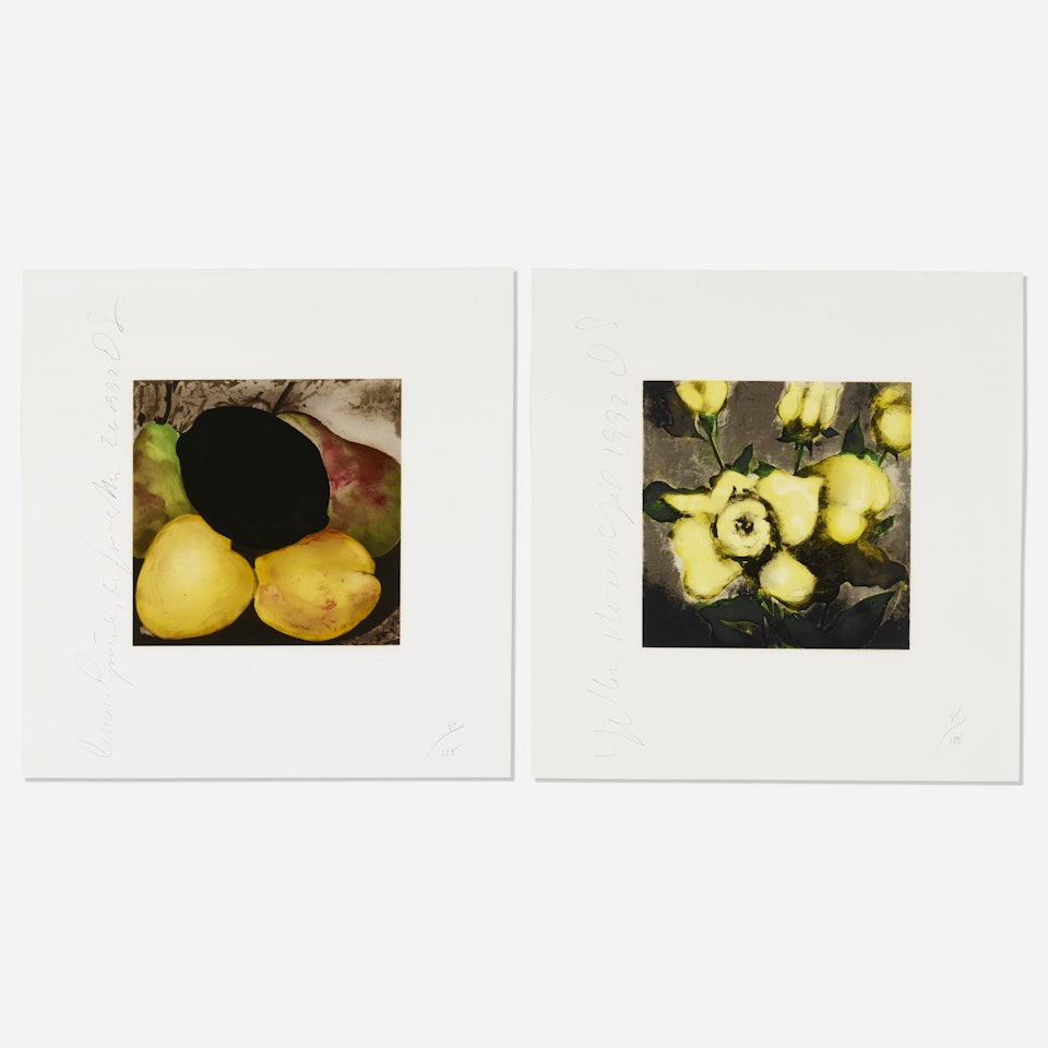 Lemon, Apricots and Pears; Yellow Roses (two works) by Donald Sultan