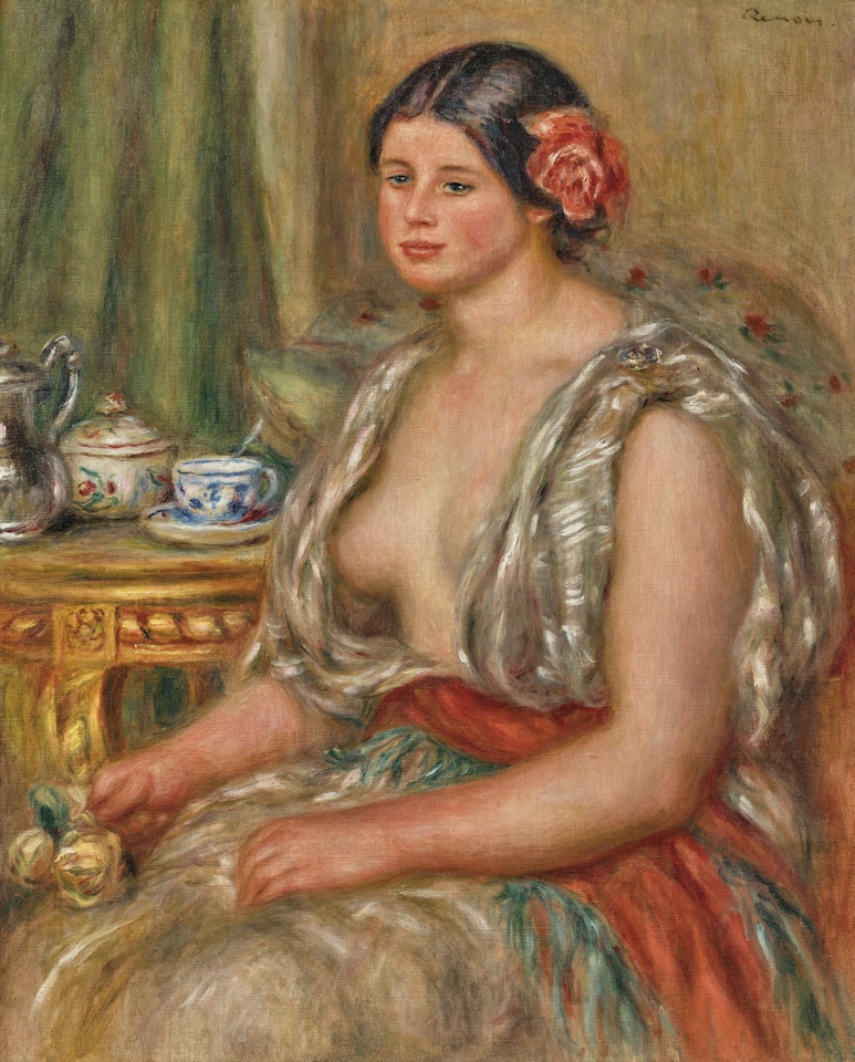 Jeune femme en costume oriental devant une table à thé by Pierre-Auguste Renoir