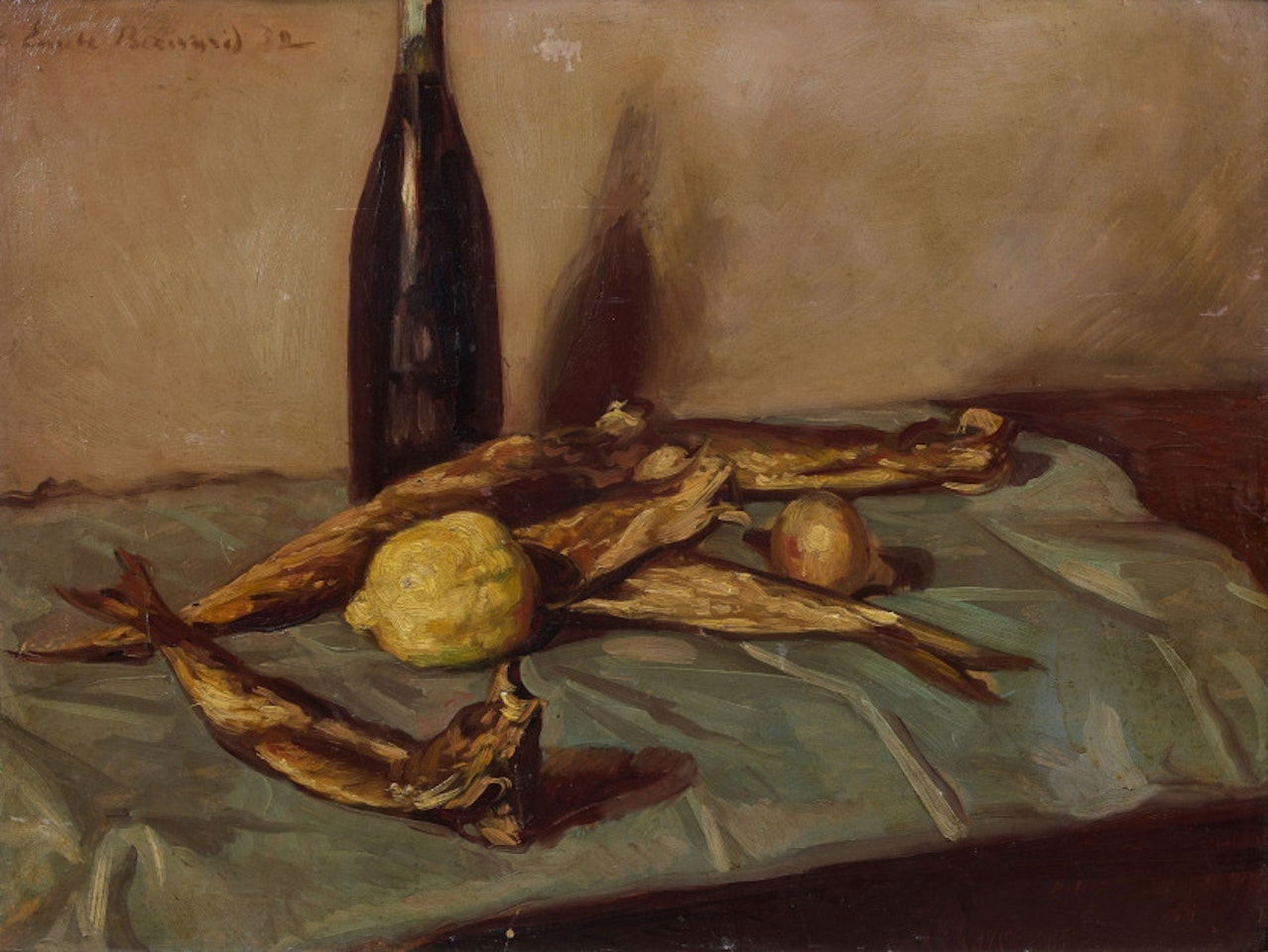 Still life with fish, lemons and bottle of wine by Emile Bernard
