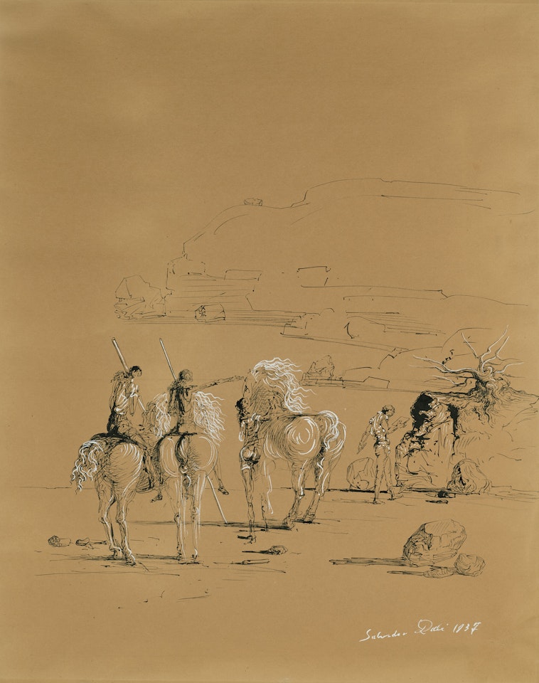 Cavaliers sur la plage (recto); Ésquisse d'un chevalier avec lance (verso) by Salvador Dali