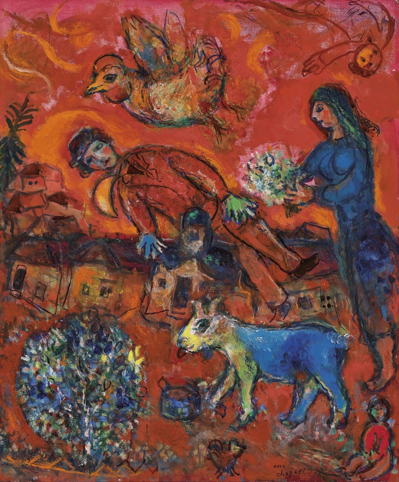 Les amoureux au village sur fond rouge by Marc Chagall