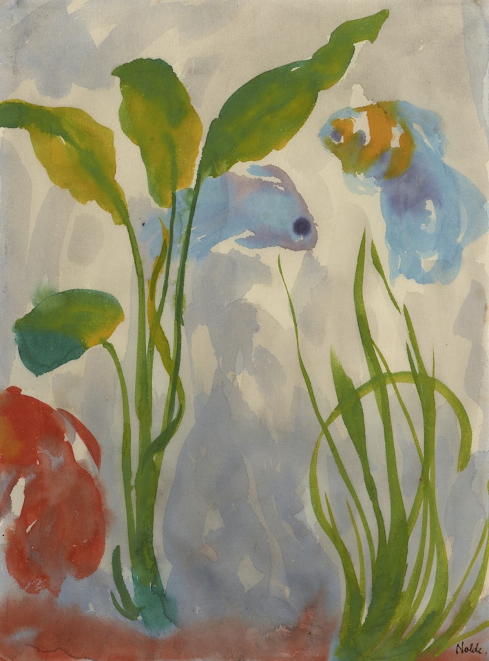 Blaue und rote Fische und grüne Blattpflanzen by Emil Nolde