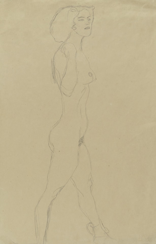 Schreitende (Die rechte Hand an der Schulter, das Gesicht im Dreiviertelprofil) by Gustav Klimt