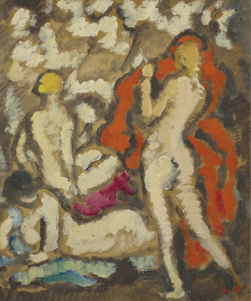 Trois jeunes femmes nues à la draperie rouge by Louis Valtat