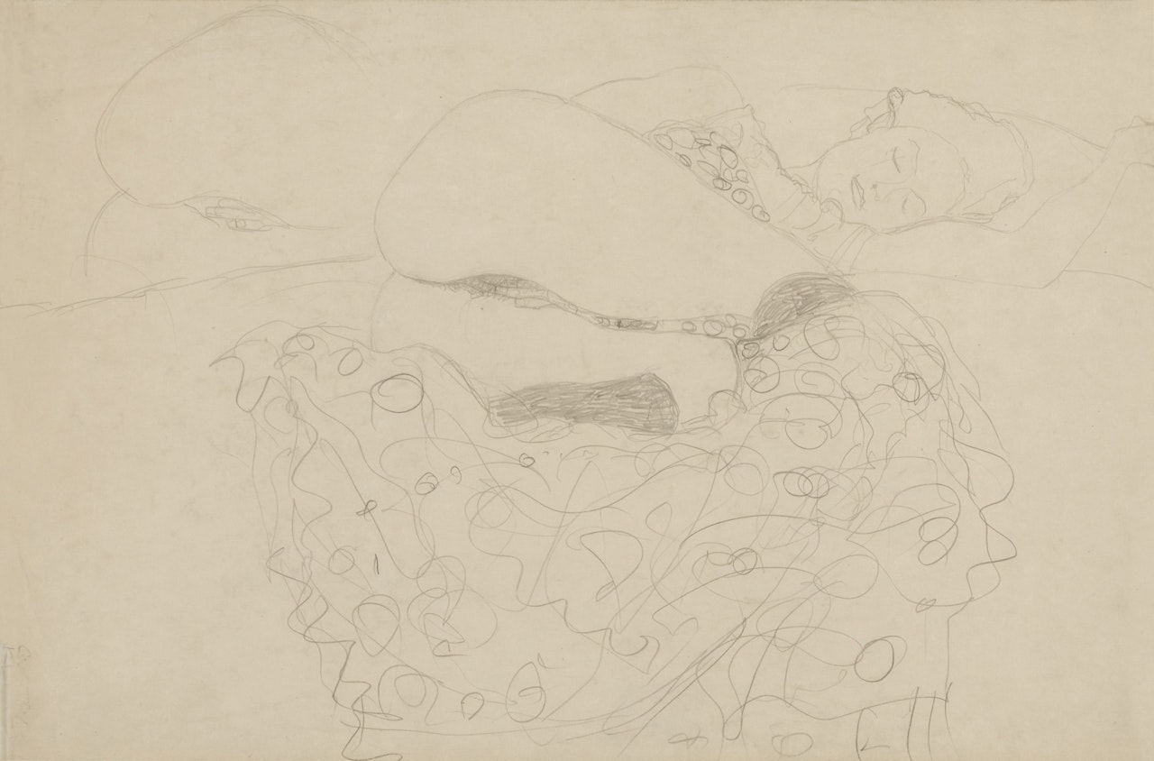 Liegender Halbakt nach rechts, die Beine angezogen, Wiederholung der Gesaßpartie (Reclining half nude to the right, legs drawn up, repetition of the backside) by Gustav Klimt