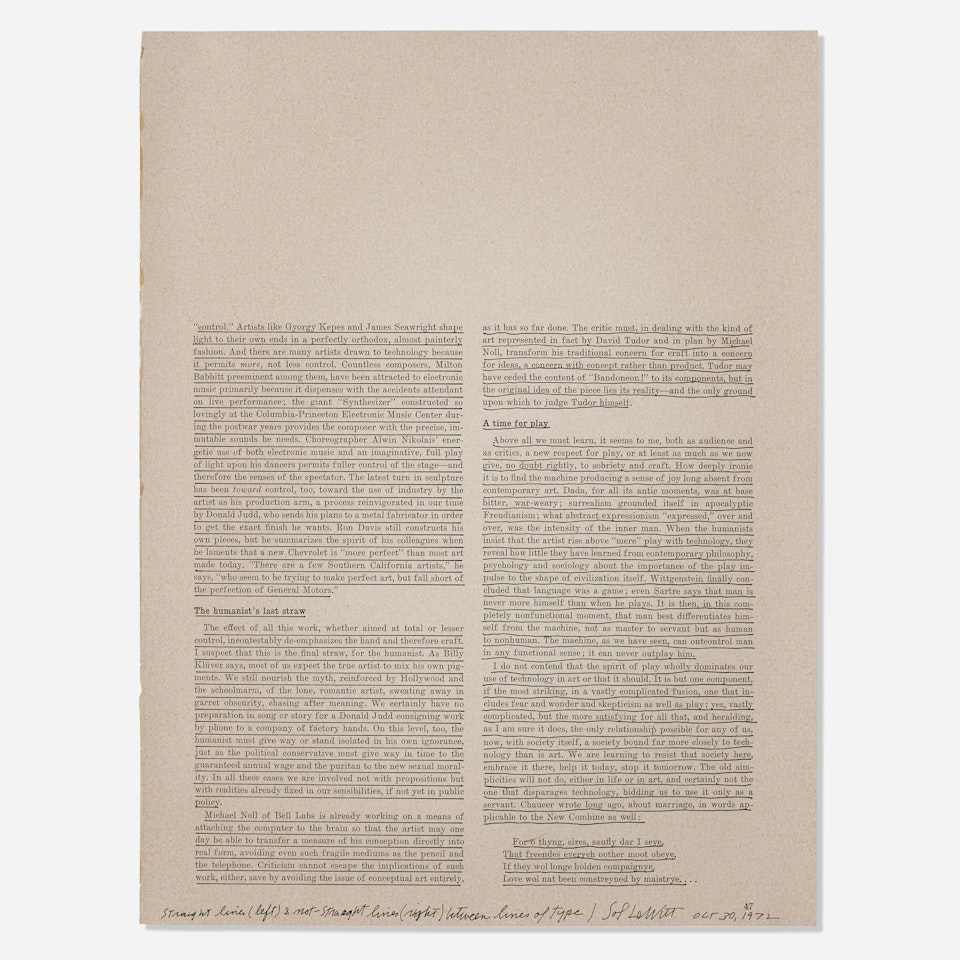 Straight Lines (Left) and Not-Straight Lines (Right) Between Lines of Type by Sol LeWitt
