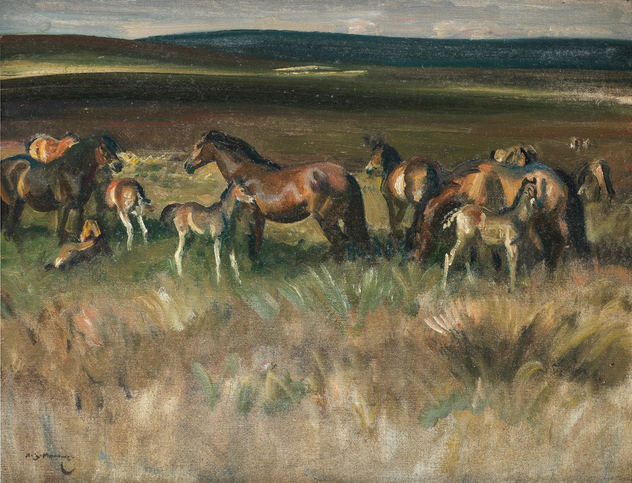 Ponies on Withypool Common, Exmoor by Alfred James Munnings