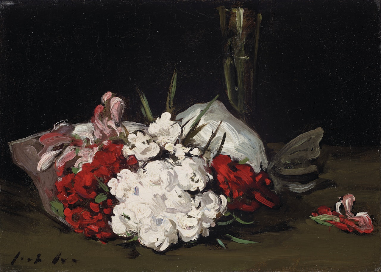 Bouquet of Red and White Flowers with a Champagne Glass by Samuel John Peploe