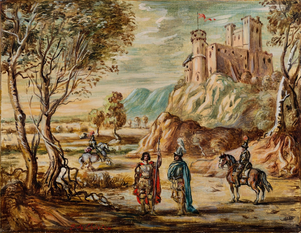 Cavalieri in un paesaggio ai piedi di un castello by Giorgio de Chirico
