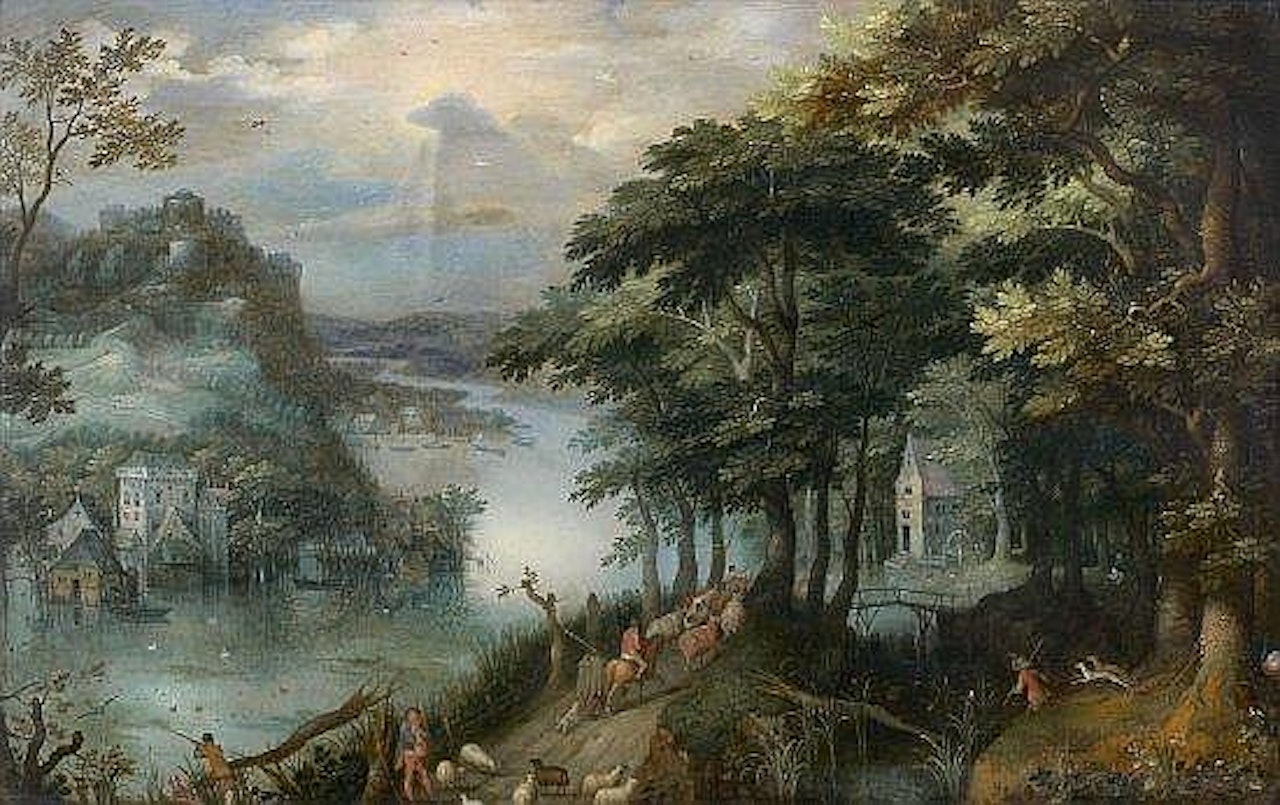 Le retour du troupeau dans un paysage fluvial by Anton Mirou