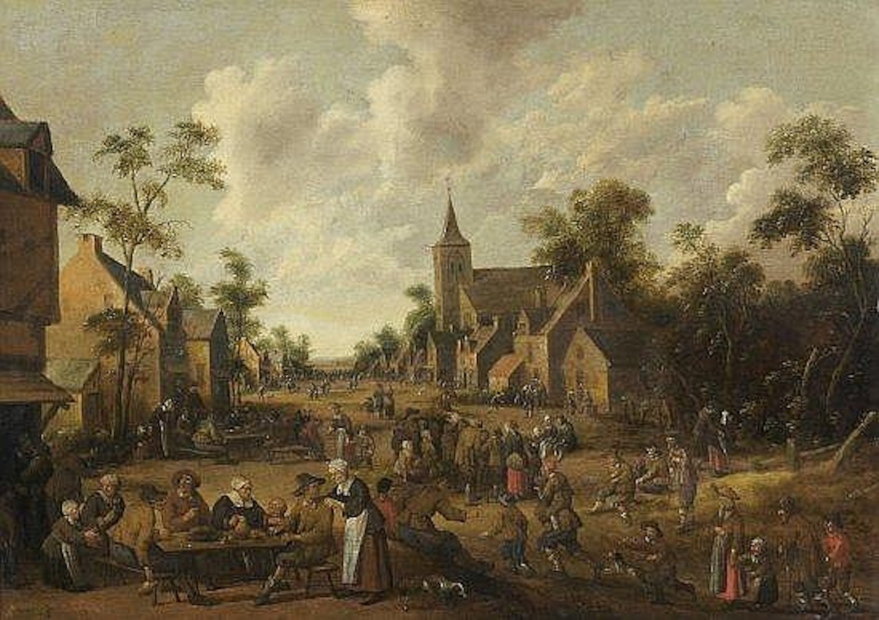 Une lecture publique et réjouissances paysannes dans une rue de village by Joost Cornelisz Droochsloot