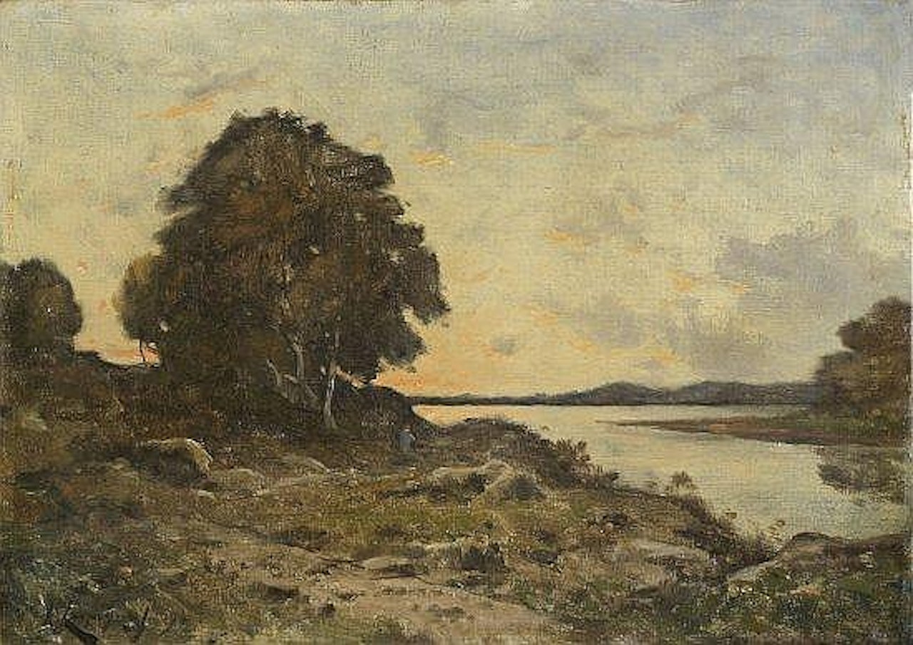 Soleil couchant en bord de Riviere by Henri Harpignies