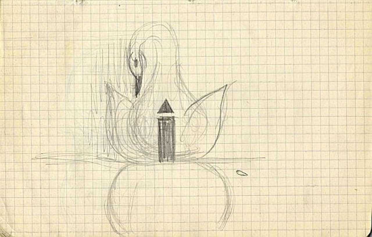 Silhouettes de scène de ballet, décor de ballet avec cygne éléphant. Décor de ballet, étude de décor, texte 'réactualisation irréfléchi de l'anachronisme' by Salvador Dali