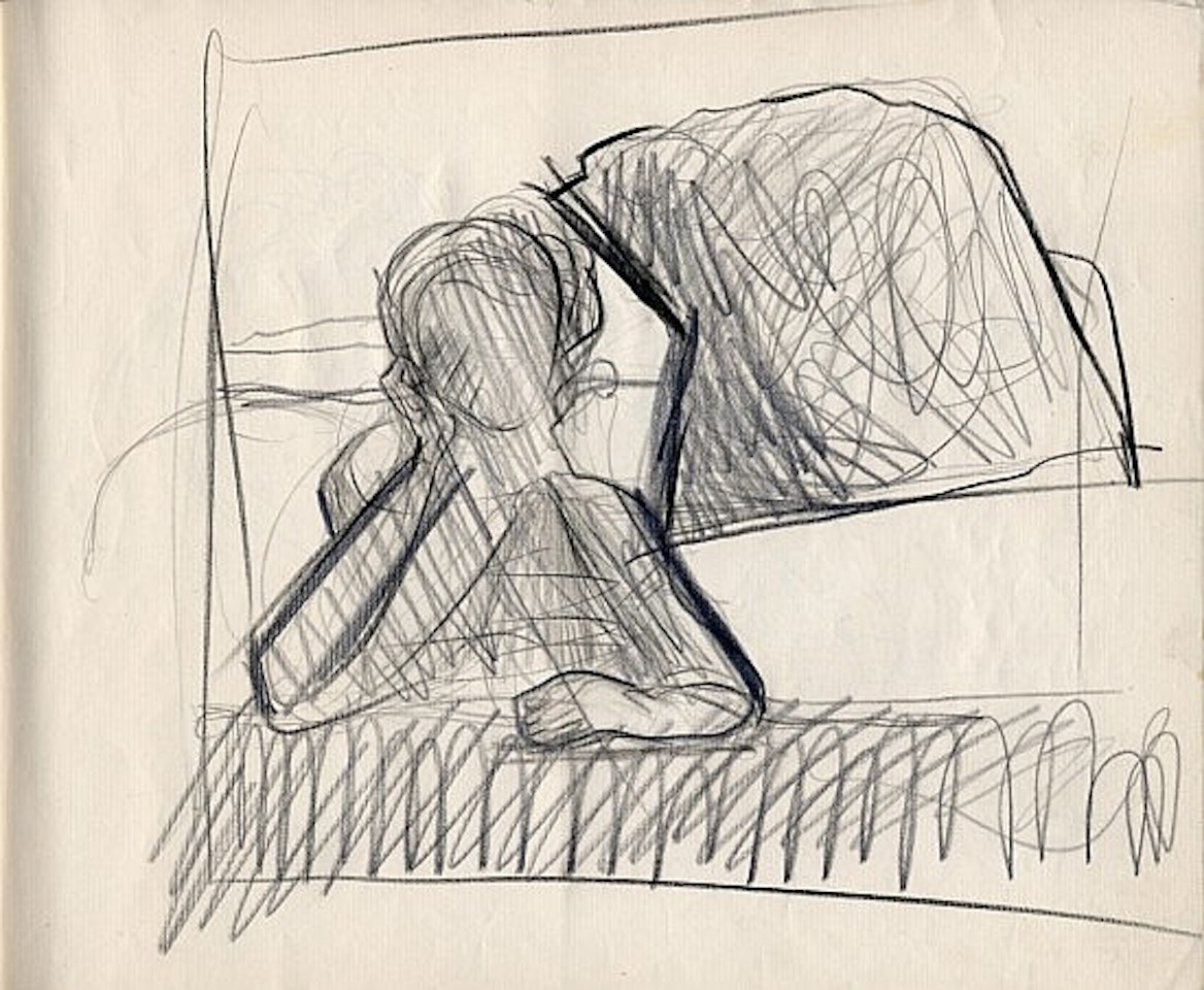 Étude de femme (gala) assise face à une table, paysage avec canon, profil gauche d'une femme assise, homme urinant by Salvador Dali