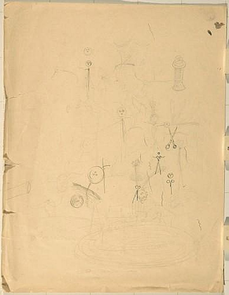 Projet de bande dessinée avec libellule, bouton, ciseaux et fermeture-éclair by Salvador Dali