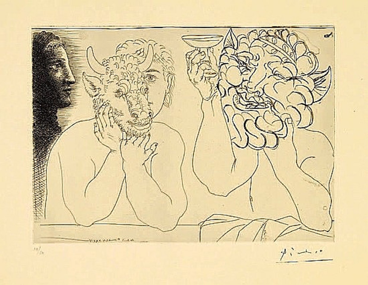 PROFIL DE MARIE-THERESE EN ABIME, JEUNE HOMME AU MASQUE DE MINOTAURE ET VIEUX BARBU AUX OREILLES D'ANE, by Pablo Picasso