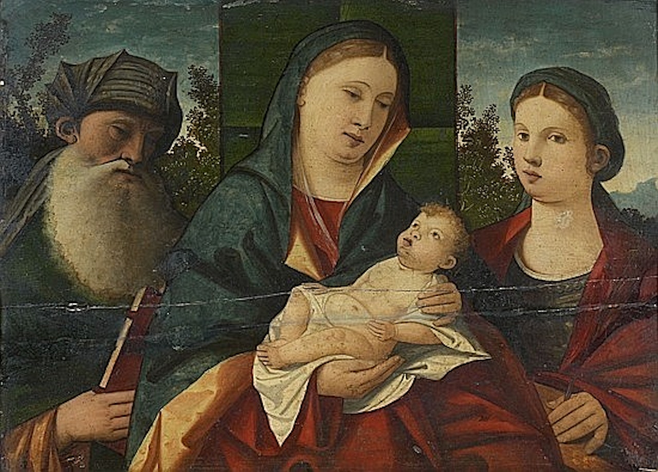 La vierge à l'Enfant entourée de sainte Catherine et d'un saint personnage by Venetian School
