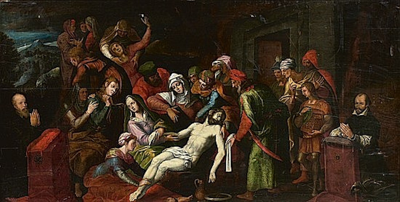 Deposition avec deux donateurs en priere by Flemish School